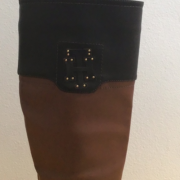 EUC. TOMMY HILFIGER Buckle Faux Leather Two-Tone Tall Riding Boots Side Zipper - Picture 10 of 16